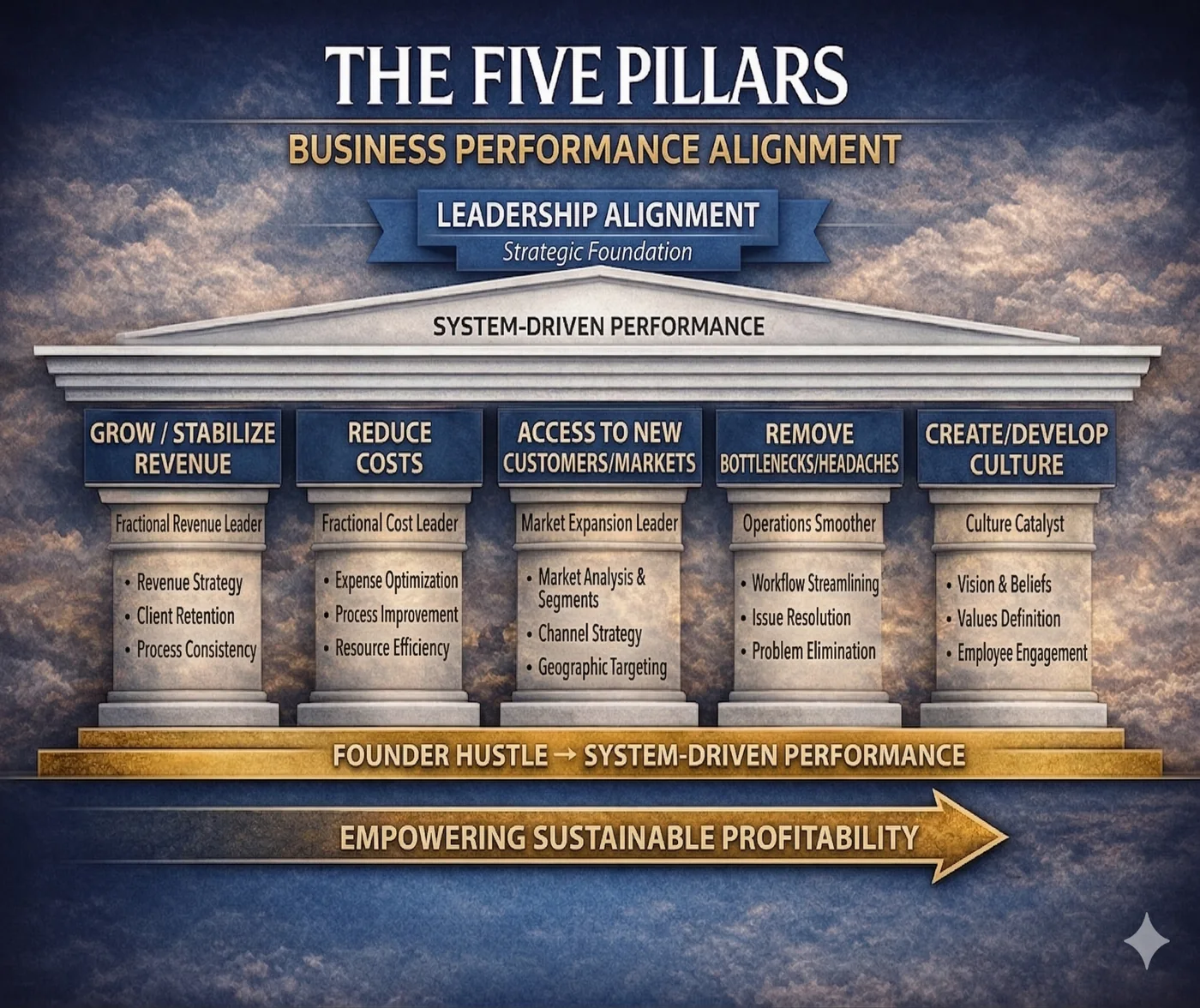 The Five Pillars framework: Business Performance Alignment. Leadership alignment sits on top of five pillars (Grow/Stabilize Revenue, Reduce Costs, Access to New Customers/Markets, Remove Bottlenecks/Headaches, Create/Develop Culture), moving a business from founder hustle to system-driven performance.